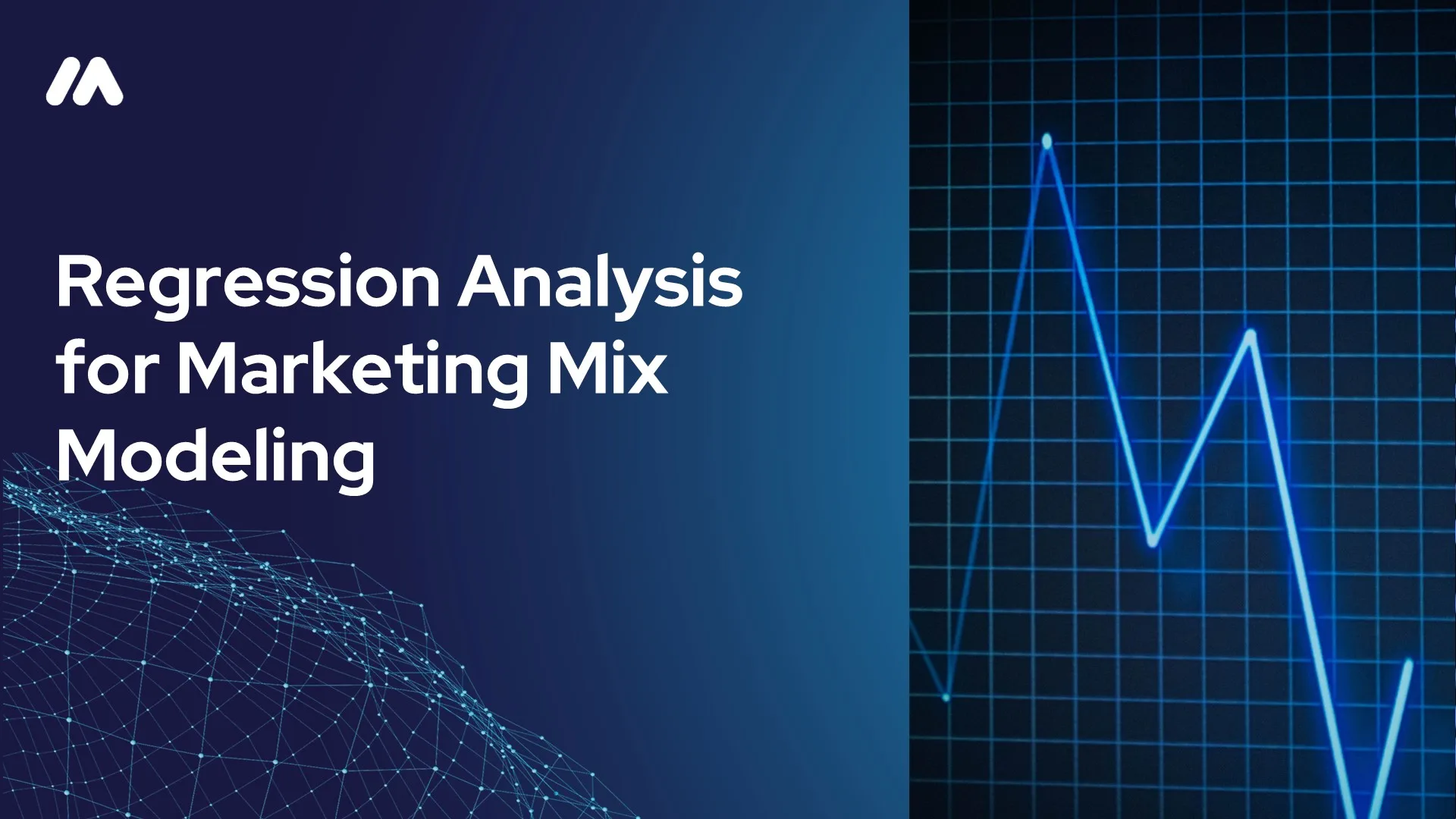 Split-panel hero graphic with the MASS Analytics logo and headline "Regression Analysis for Marketing Mix Modeling" on a navy background beside a volatile blue line chart on a dark grid.