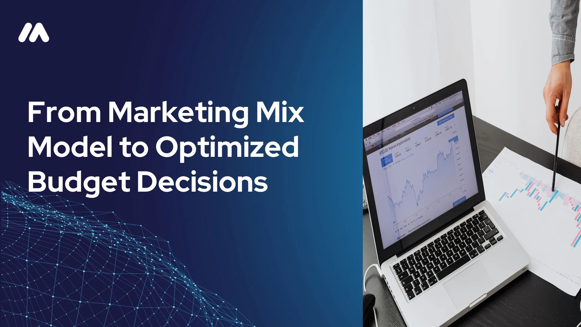 Hero banner reading "From Marketing Mix Model to Optimized Budget Decisions" beside a laptop showing performance charts, illustrating marketing budget optimization for MASS Analytics