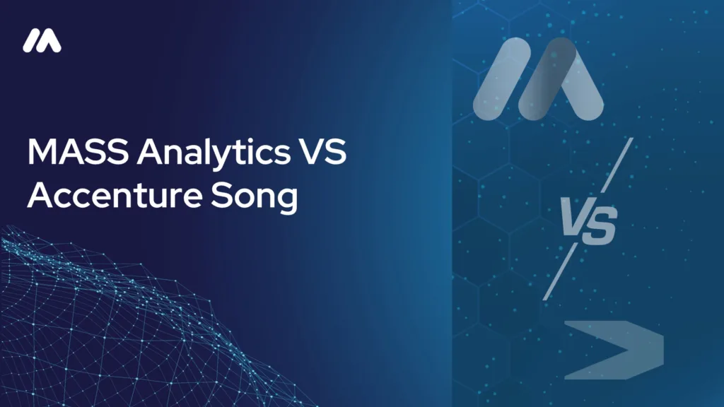 MASS Analytics vs Accenture Song comparison graphic with the MASS logo mark over a network data visualization and a 'VS' symbol beside the Accenture Song logo mark on a dark blue hexagon-patterned background