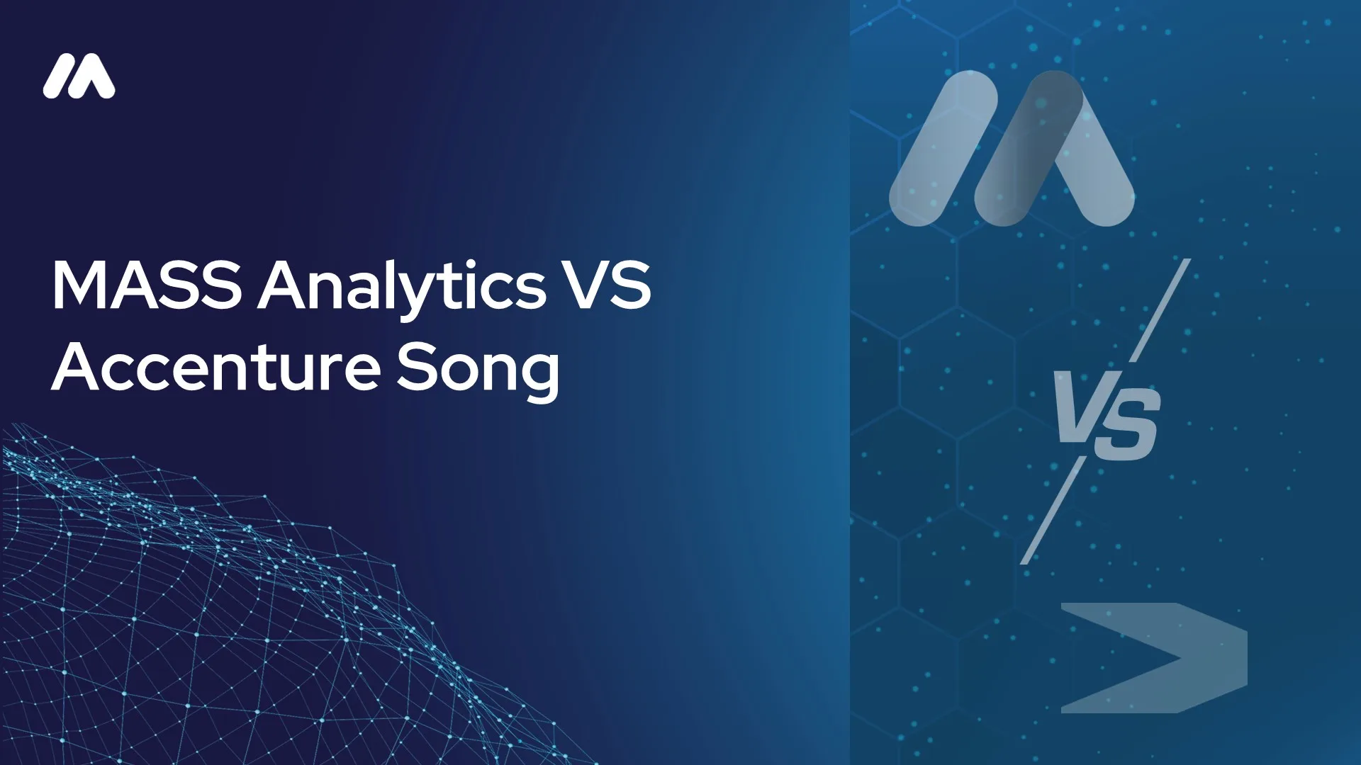 MASS Analytics vs Accenture Song comparison graphic with the MASS logo mark over a network data visualization and a 'VS' symbol beside the Accenture Song logo mark on a dark blue hexagon-patterned background