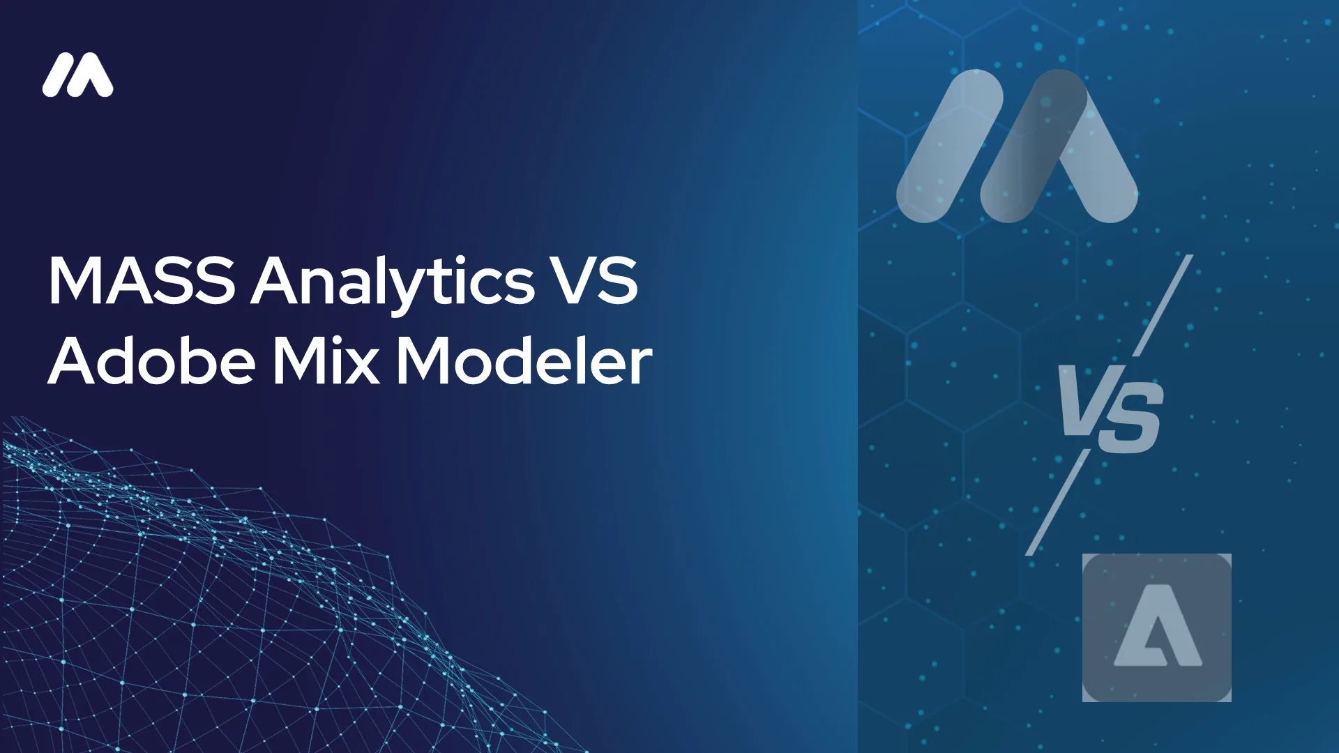 MASS Analytics vs Adobe Mix Modeler comparison graphic with the MASS logo mark over a network data visualization on the left and a hexagon-patterned background with the MASS logo mark, a "VS" symbol, and the Adobe logo icon on the right
