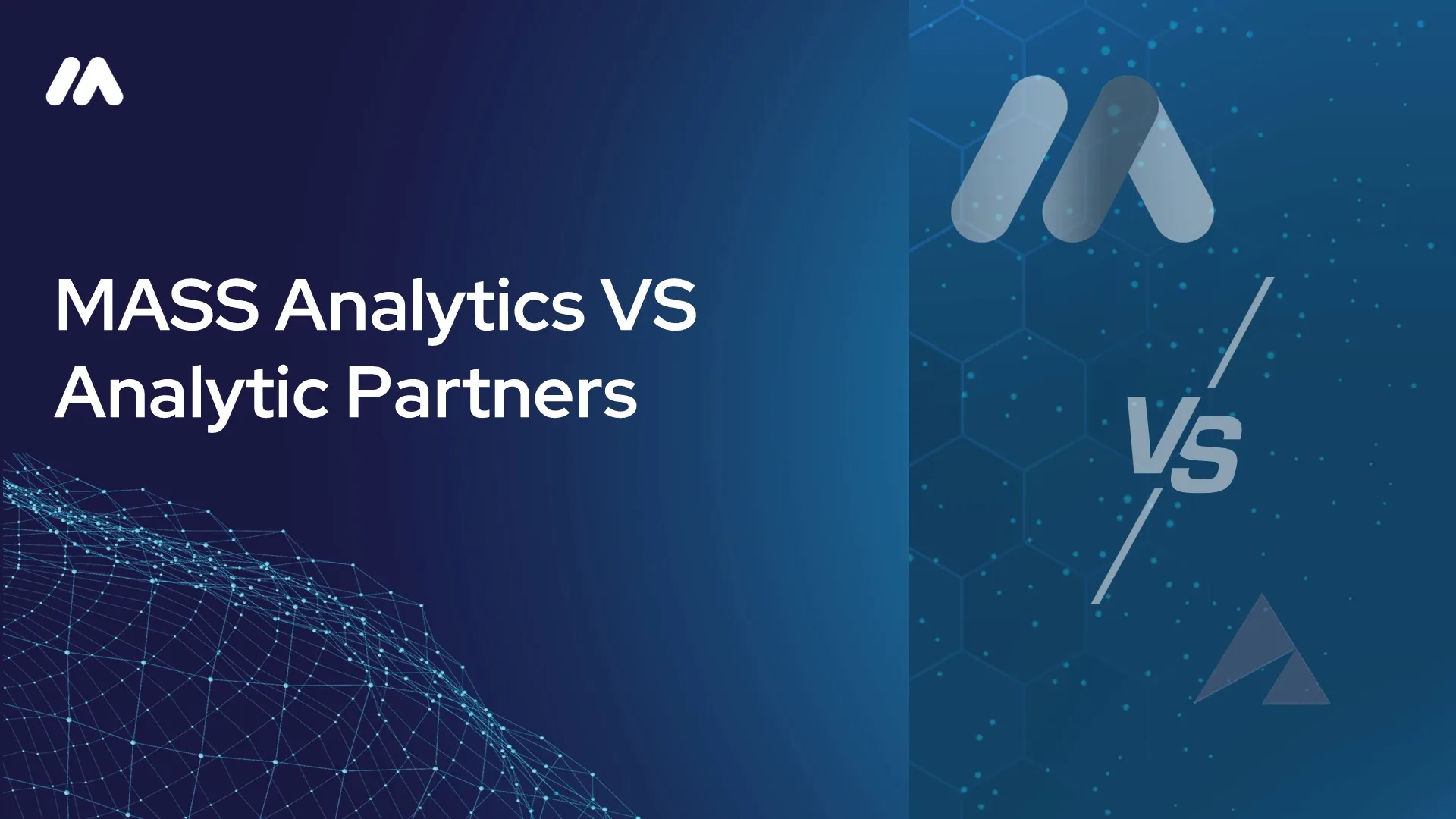 MASS Analytics vs Analytic Partners comparison graphic with the MASS logo mark over a network data visualization and a "VS" symbol beside the Analytic Partners logo mark on a dark blue hexagon-patterned background