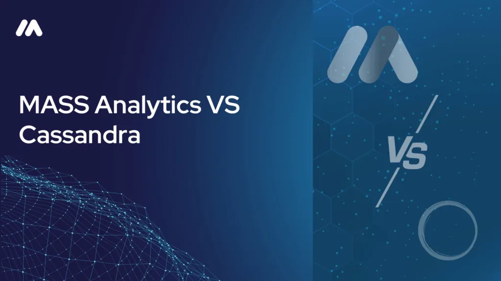 MASS Analytics vs Cassandra comparison graphic with the MASS logo mark over a network data visualization and a "VS" symbol beside a circular icon on a dark blue hexagon-patterned background