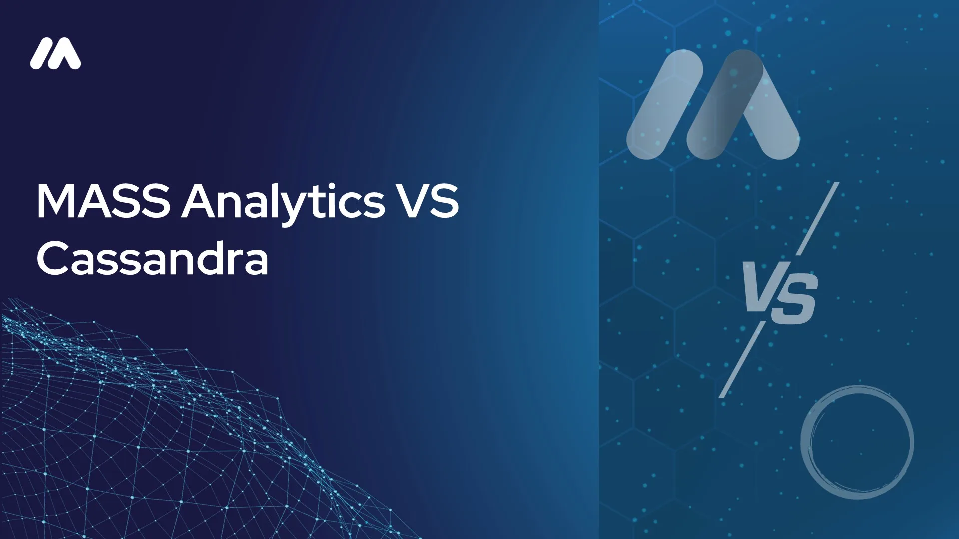 MASS Analytics vs Cassandra comparison graphic with the MASS logo mark over a network data visualization and a "VS" symbol beside a circular icon on a dark blue hexagon-patterned background