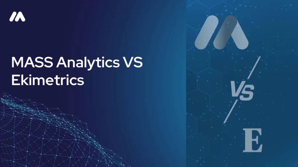 MASS Analytics vs Ekimetrics comparison graphic with the MASS logo mark over a network data visualization and a 'VS' symbol beside the Ekimetrics logo mark on a dark blue hexagon-patterned background