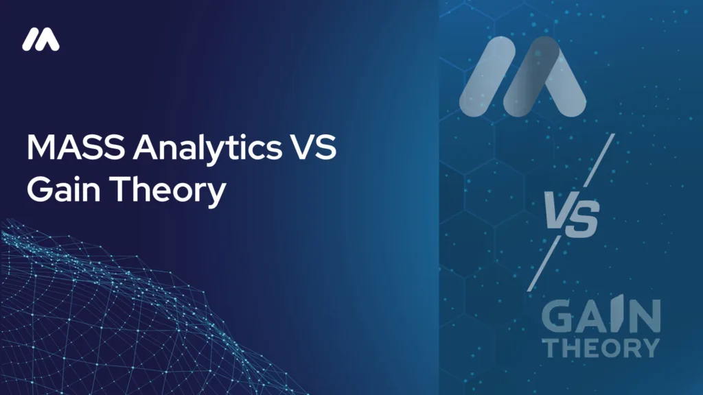 MASS Analytics vs Gain Theory comparison graphic with the MASS logo mark over a network data visualization and a 'VS' symbol beside the Gain Theory logo mark on a dark blue hexagon-patterned background