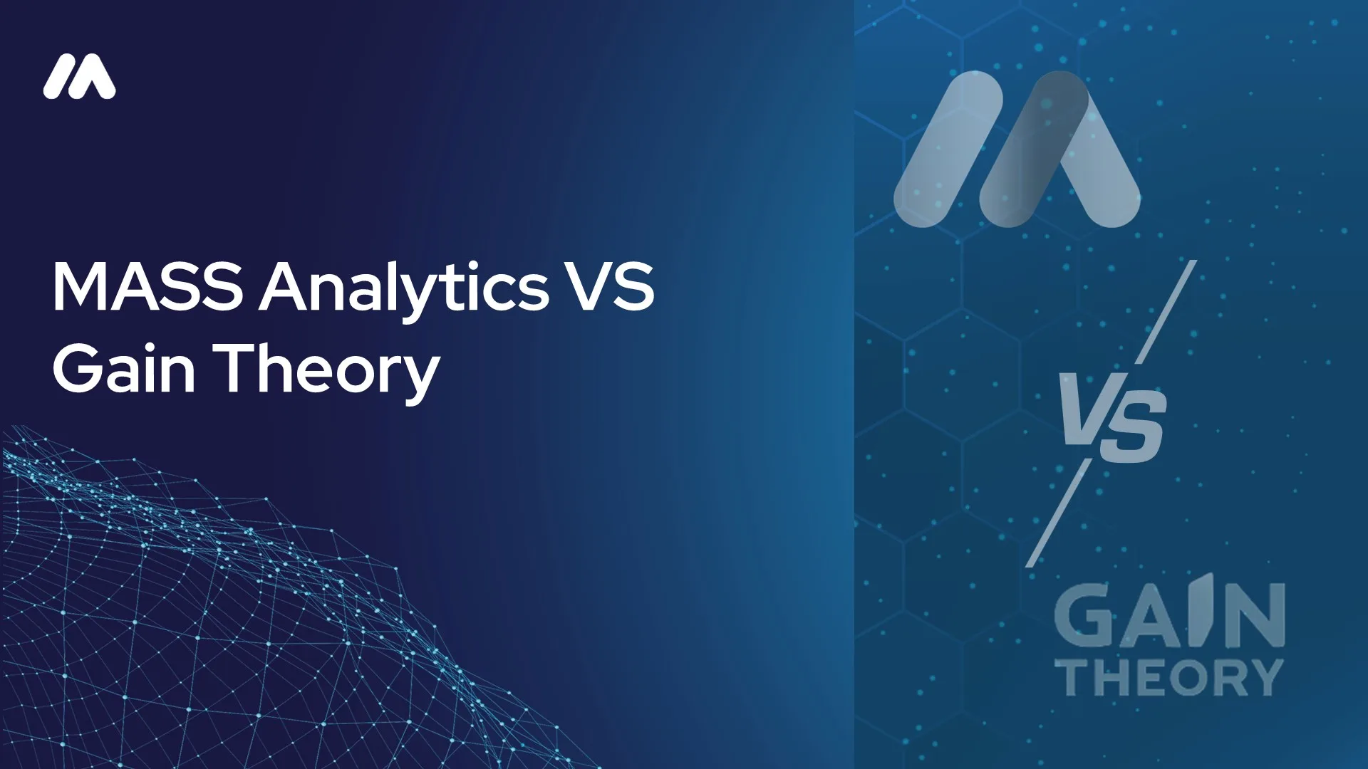 MASS Analytics vs Gain Theory comparison graphic with the MASS logo mark over a network data visualization and a 'VS' symbol beside the Gain Theory logo mark on a dark blue hexagon-patterned background