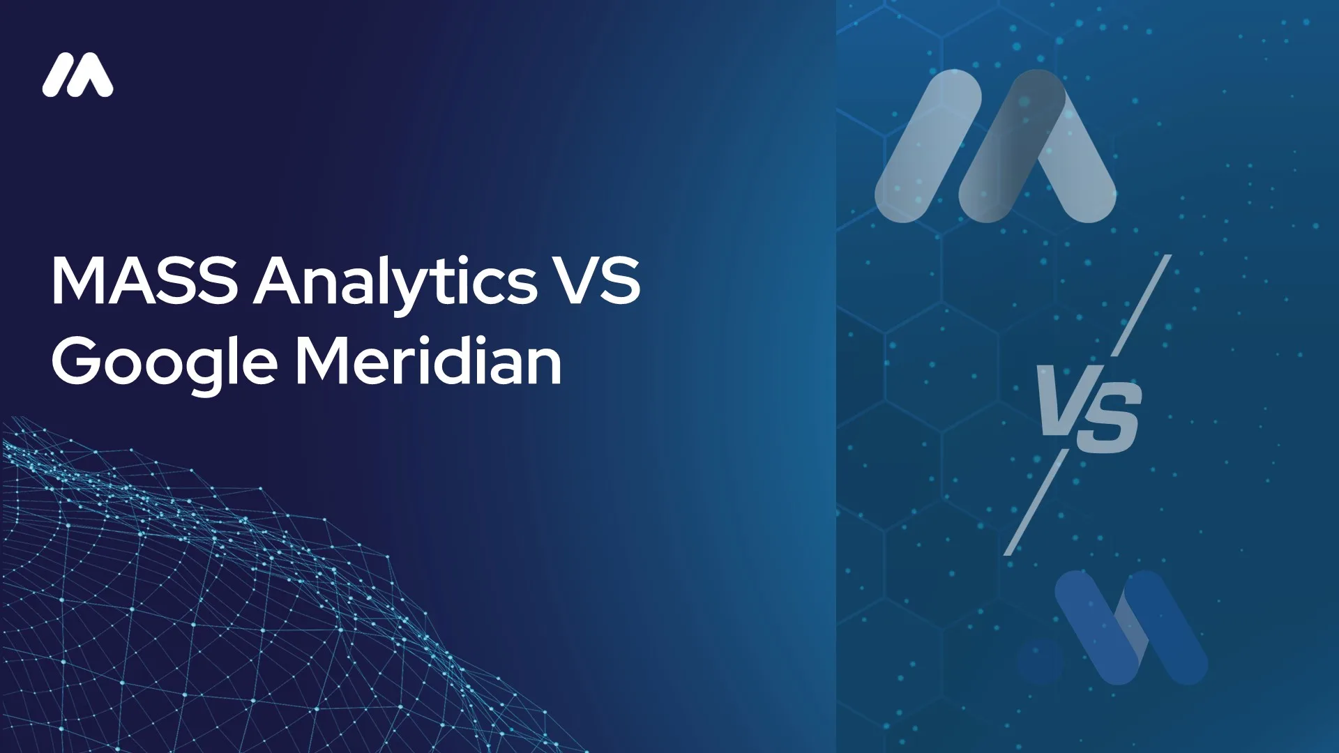 MASS Analytics vs Google Meridian comparison graphic with the MASS logo mark over a network data visualization on the left and a hexagon-patterned background with the MASS logo mark, a "VS" symbol, and the Google Meridian logo mark on the right