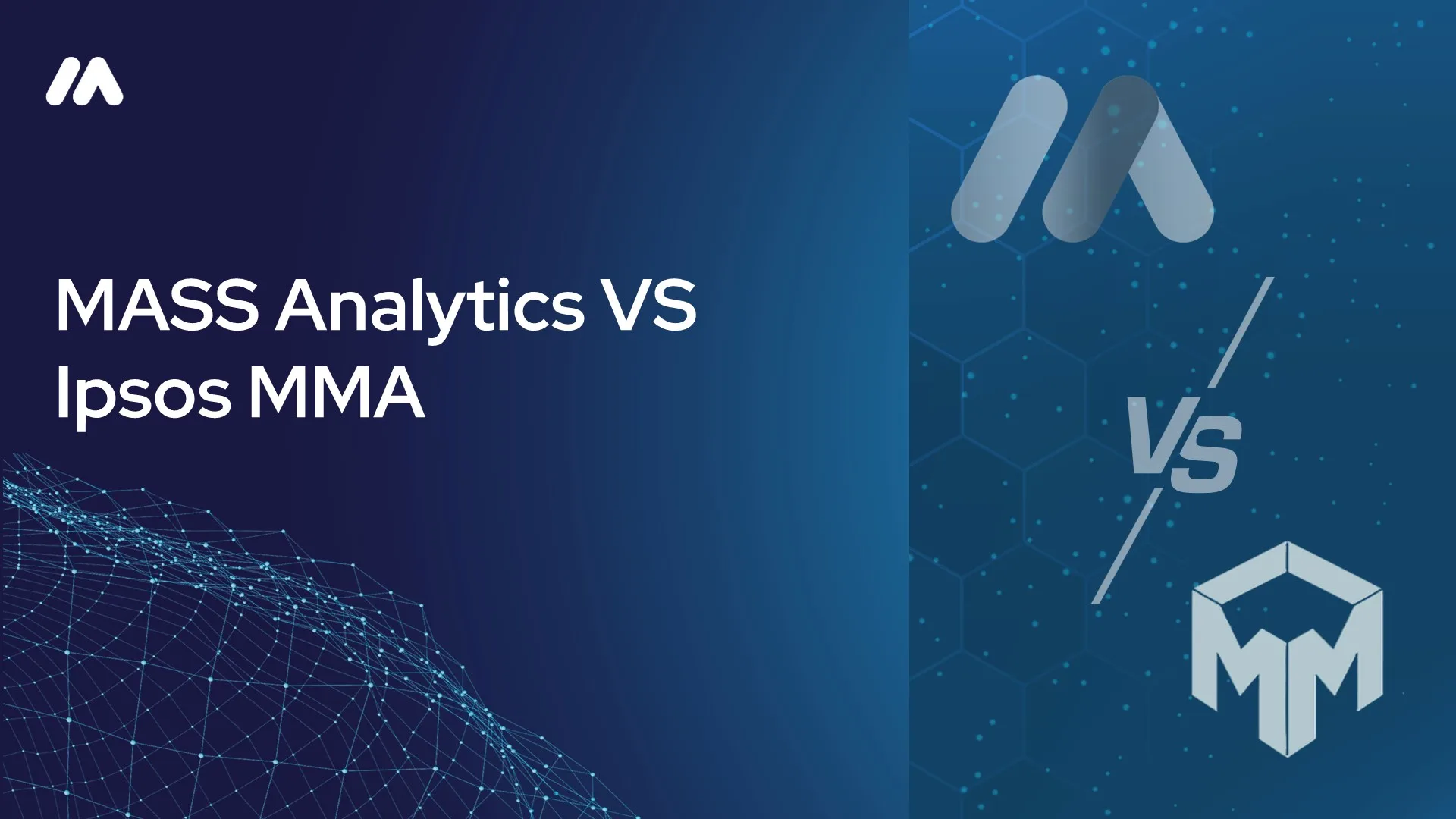 MASS Analytics vs Ipsos MMA comparison graphic with the MASS logo mark over a network data visualization and a "VS" symbol beside the Ipsos MMA "MMA" logo on a dark blue hexagon-patterned background