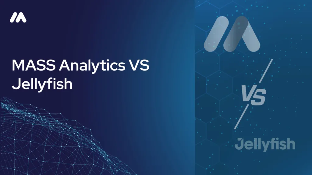 MASS Analytics vs Jellyfish comparison graphic with the MASS logo mark over a network data visualization on the left and a hexagon-patterned background with the MASS logo mark, a "VS" symbol, and the Jellyfish wordmark on the right