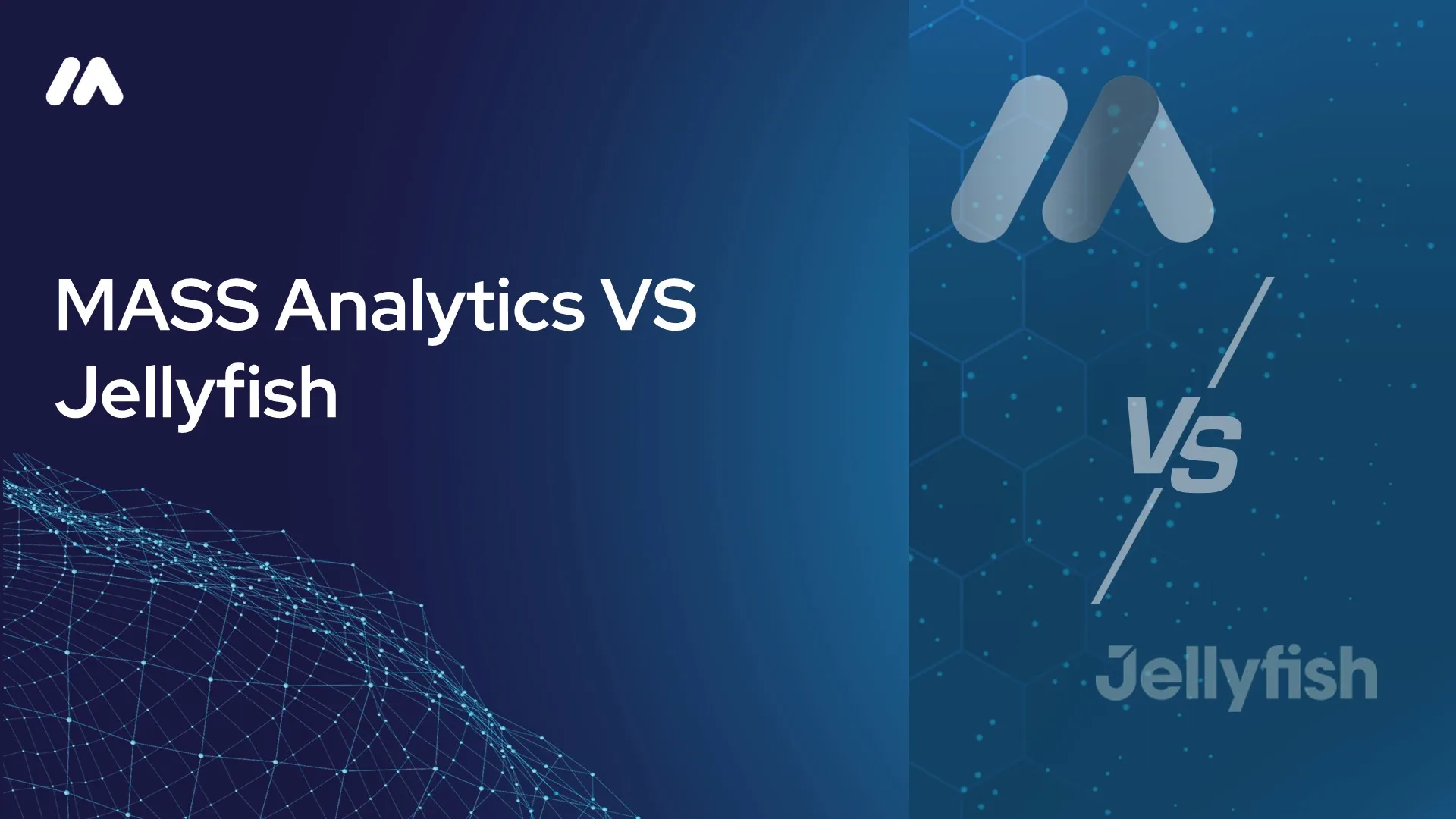 MASS Analytics vs Jellyfish comparison graphic with the MASS logo mark over a network data visualization on the left and a hexagon-patterned background with the MASS logo mark, a "VS" symbol, and the Jellyfish wordmark on the right