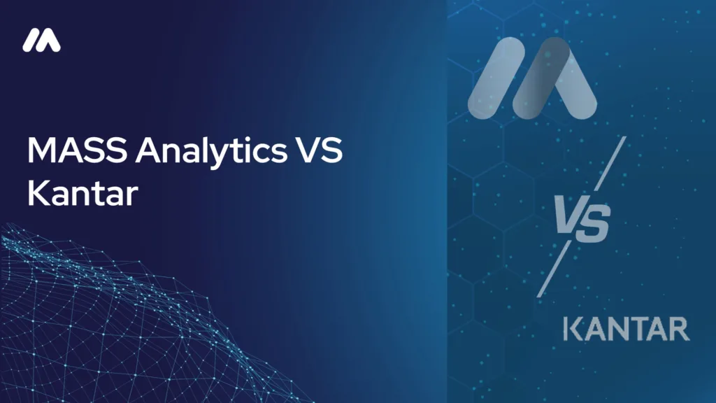 MASS Analytics vs Kantar comparison graphic with the MASS logo mark over a network data visualization and a 'VS' symbol beside the Kantar logo mark on a dark blue hexagon-patterned background