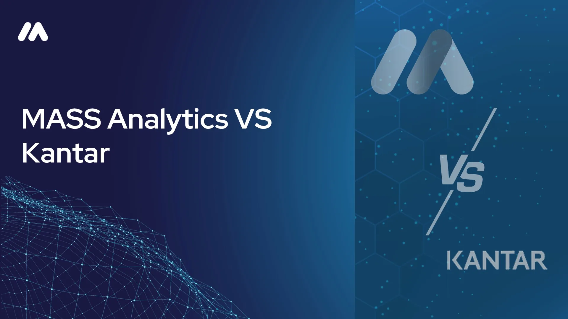MASS Analytics vs Kantar comparison graphic with the MASS logo mark over a network data visualization and a 'VS' symbol beside the Kantar logo mark on a dark blue hexagon-patterned background