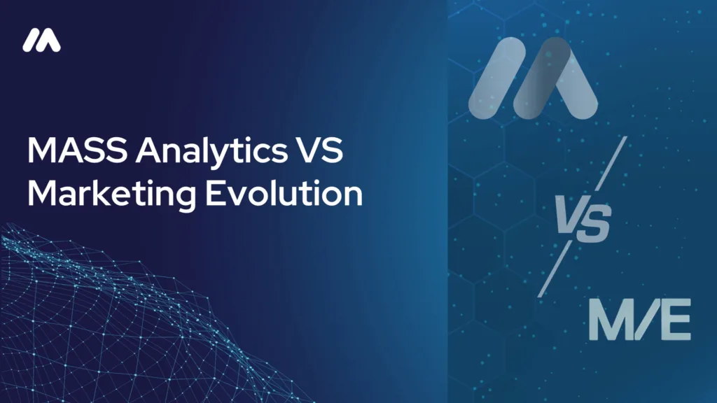 MASS Analytics vs Marketing Evolution comparison graphic with the MASS logo mark over a network data visualization and a "VS" symbol beside the Marketing Evolution "M/E" logo on a dark blue hexagon-patterned background