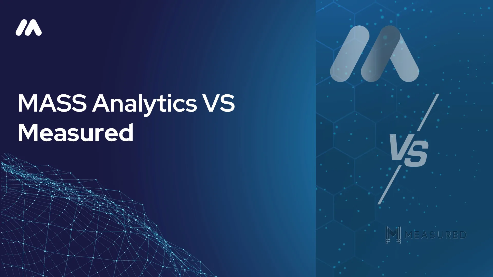 MASS Analytics vs Measured comparison graphic with the MASS logo mark over a network data visualization on the left and a hexagon-patterned background with the MASS logo mark, a "VS" symbol, and the Measured wordmark on the right
