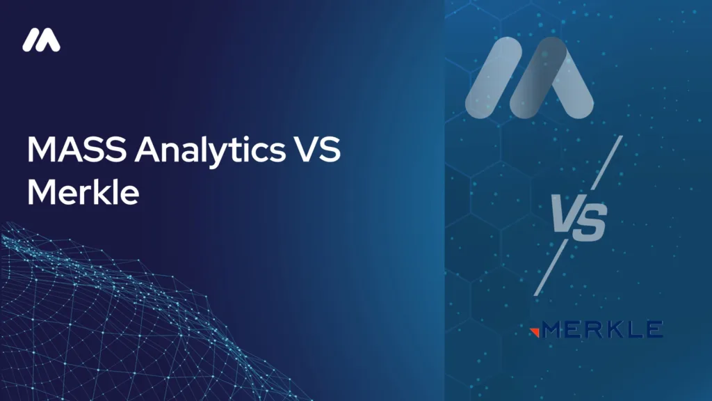 MASS Analytics vs Merkle comparison graphic with the MASS logo mark over a network data visualization on the left and a hexagon-patterned background with the MASS logo mark, a "VS" symbol, and the Merkle logo on the right