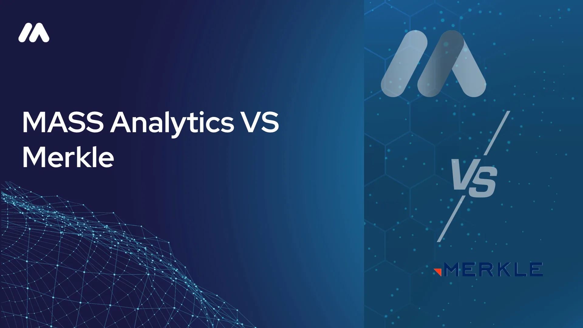 MASS Analytics vs Merkle comparison graphic with the MASS logo mark over a network data visualization on the left and a hexagon-patterned background with the MASS logo mark, a "VS" symbol, and the Merkle logo on the right