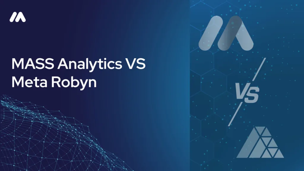 MASS Analytics vs Meta Robyn comparison graphic with the MASS logo mark over a network data visualization on the left and a hexagon-patterned background with the MASS logo mark, a "VS" symbol, and the Meta Robyn logo mark on the right