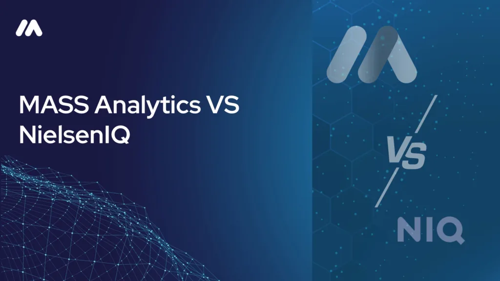 MASS Analytics vs NielsenIQ comparison graphic with the MASS logo mark over a network data visualization and a "VS" symbol beside the NielsenIQ "NIQ" logo on a dark blue hexagon-patterned background