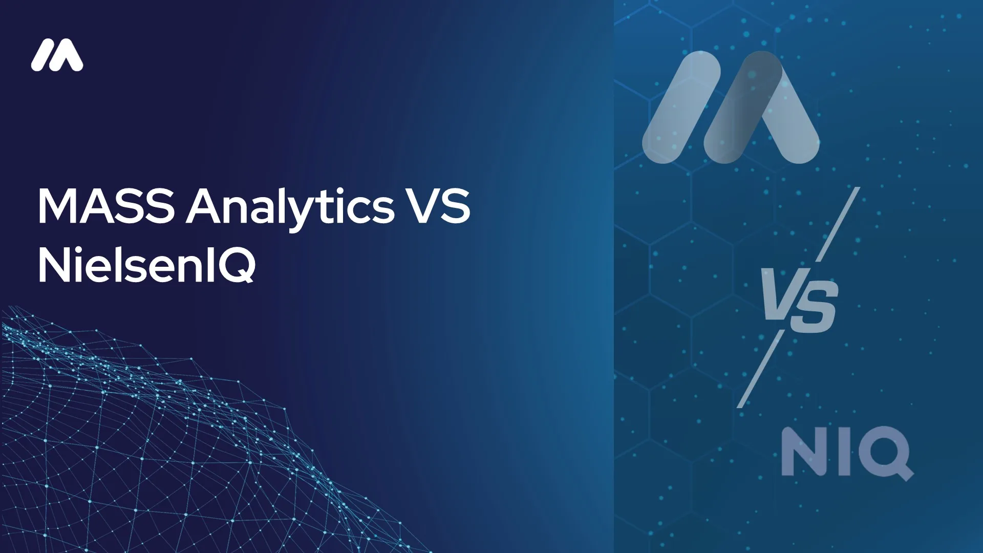 MASS Analytics vs NielsenIQ comparison graphic with the MASS logo mark over a network data visualization and a "VS" symbol beside the NielsenIQ "NIQ" logo on a dark blue hexagon-patterned background