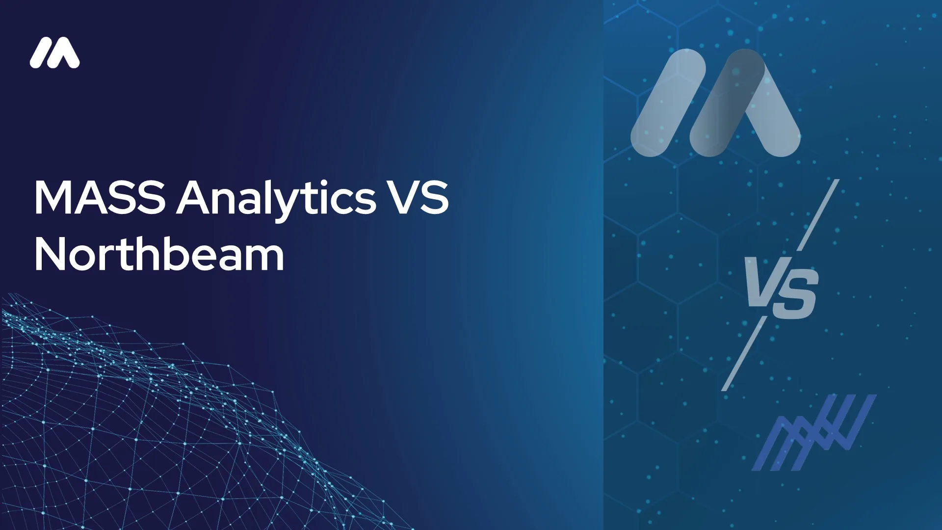 MASS Analytics vs Northbeam comparison graphic with the MASS logo mark over a network data visualization on the left and a hexagon-patterned background with the MASS logo mark, a "VS" symbol, and the Northbeam wordmark on the right