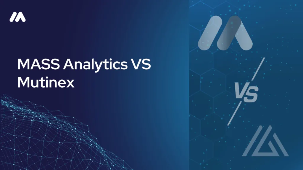 MASS Analytics vs Mutinex comparison graphic with the MASS logo mark over a network data visualization and a "VS" symbol beside the Mutinex logo on a dark blue hexagon-patterned background