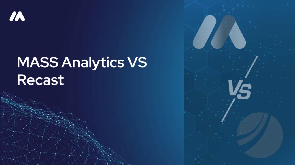 MASS Analytics vs Recast comparison graphic with the MASS logo mark over a network data visualization and a "VS" symbol on a dark blue hexagon-patterned background