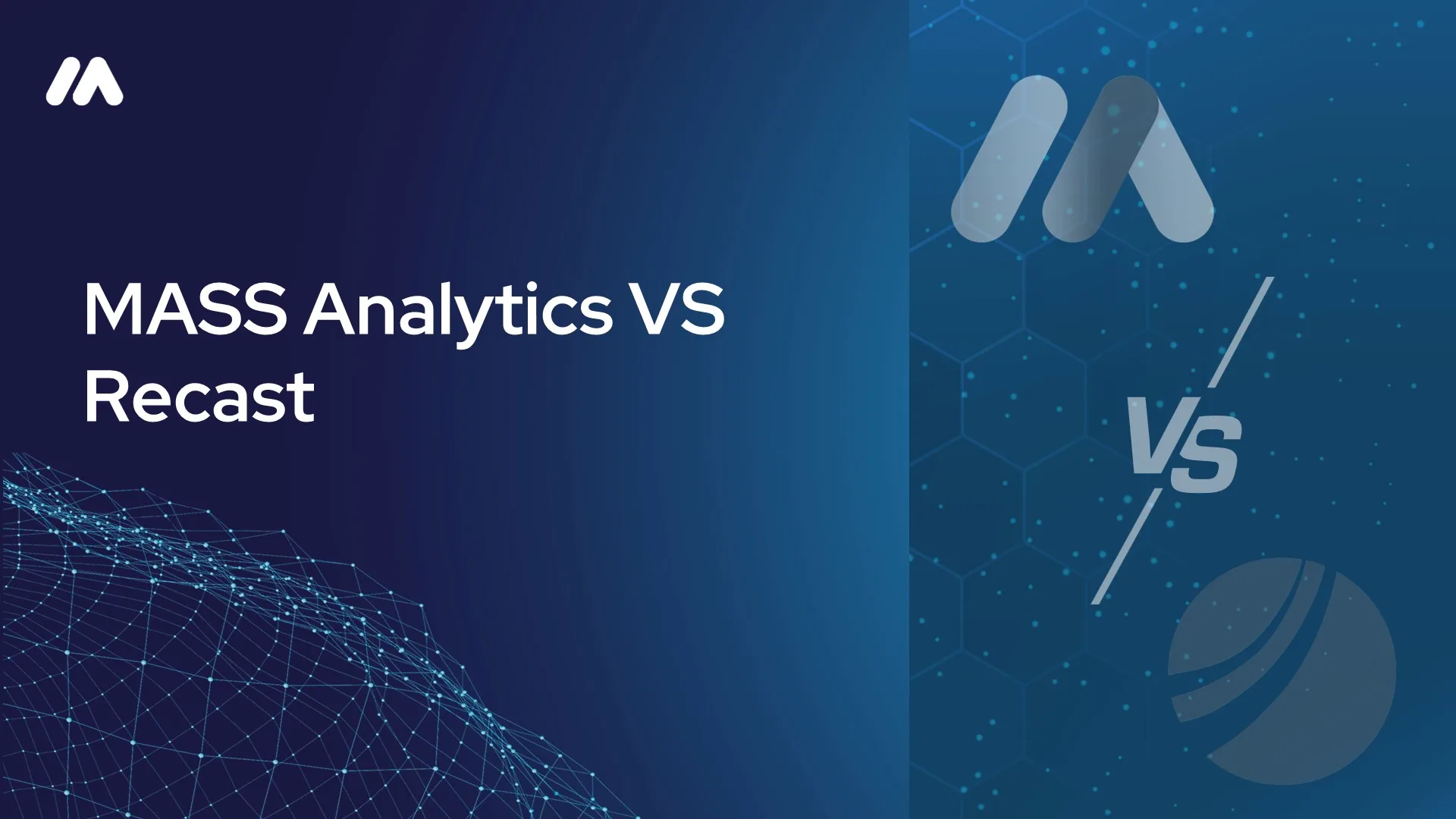 MASS Analytics vs Recast comparison graphic with the MASS logo mark over a network data visualization and a "VS" symbol on a dark blue hexagon-patterned background