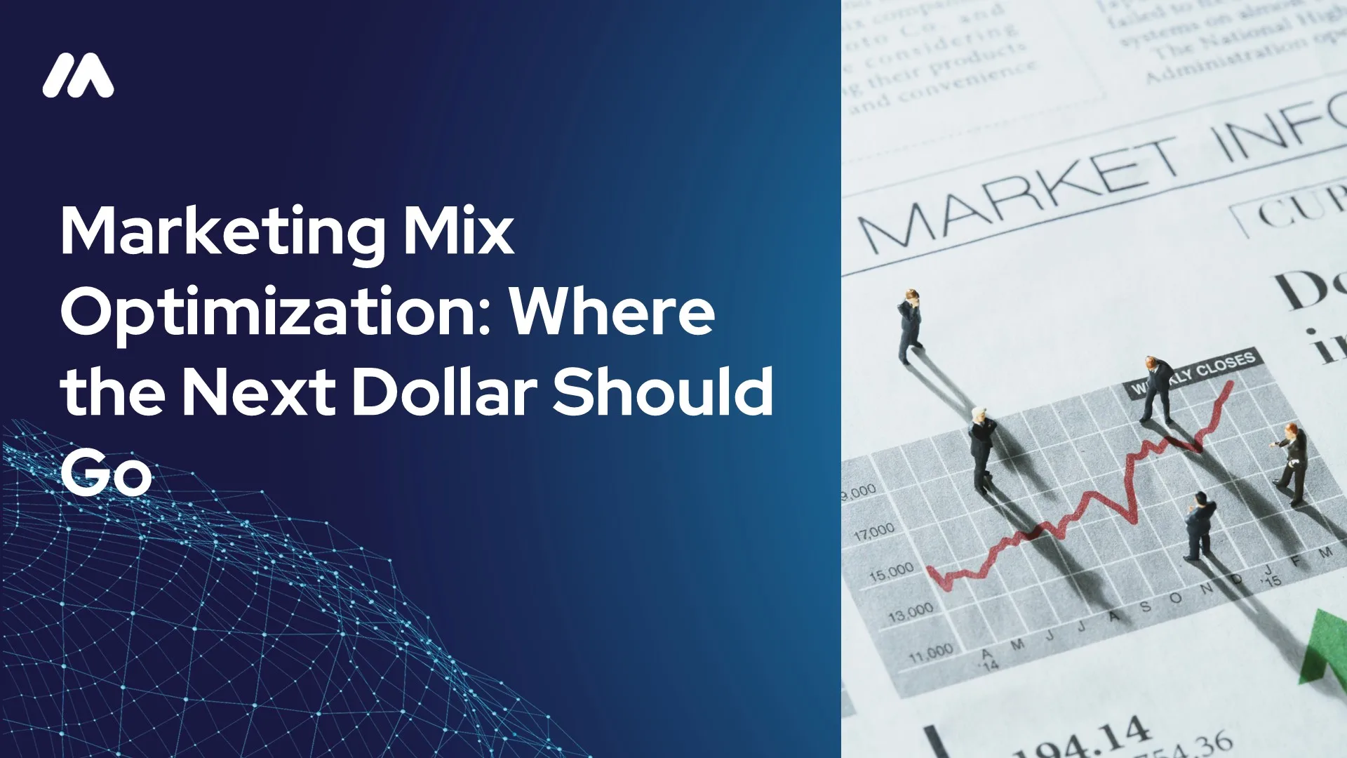 Marketing Mix Optimization hero image showing a market data newspaper with figurines tracing a rising stock chart, next to the title "Marketing Mix Optimization: Where the Next Dollar Should Go
