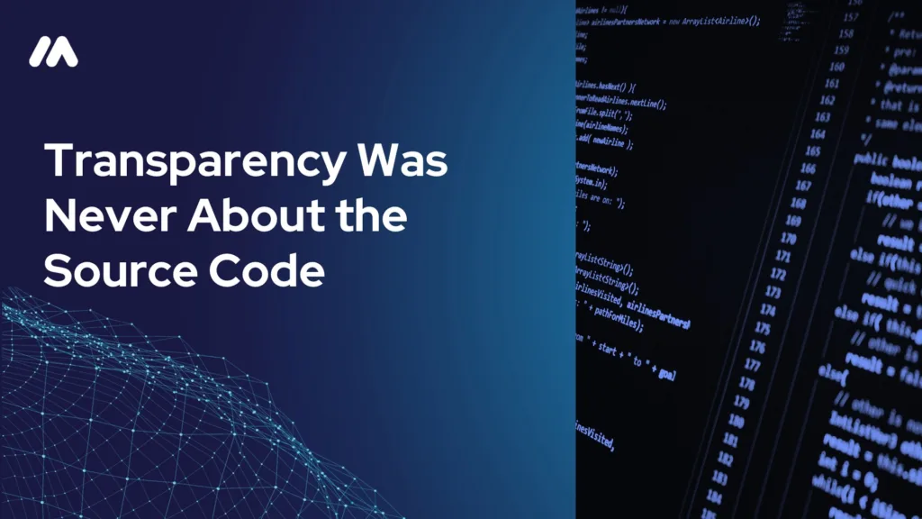 Split-panel hero graphic with the MASS Analytics logo and headline "Transparency Was Never About the Source Code" on a navy background beside a screen of software source code.