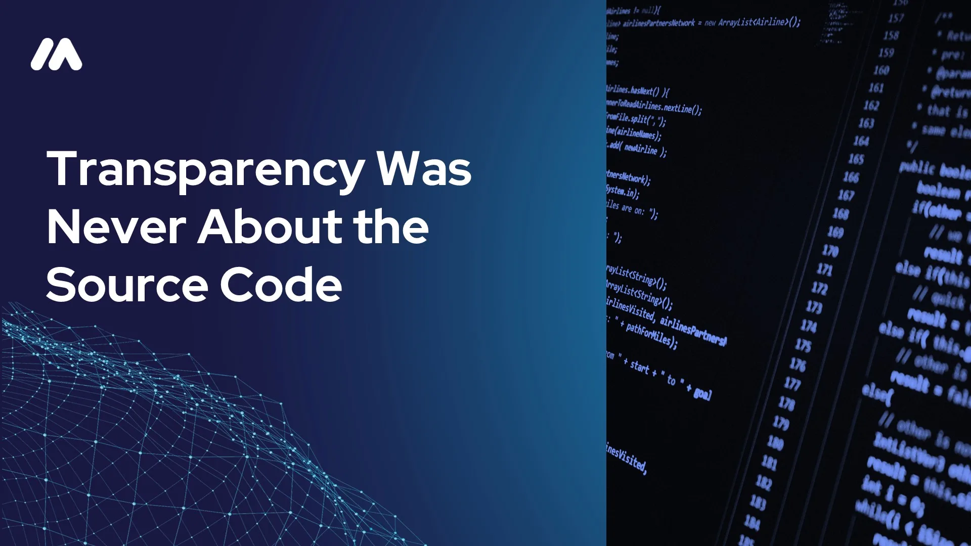 Split-panel hero graphic with the MASS Analytics logo and headline "Transparency Was Never About the Source Code" on a navy background beside a screen of software source code.